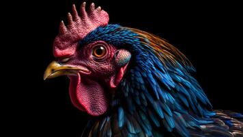 ai generato bellissima colorato Gallo vicino ritratto su nero sfondo, neurale Rete generato fotorealistico Immagine foto