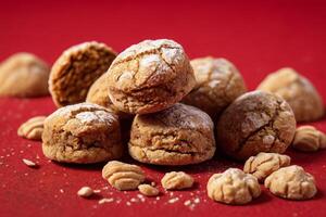 ai generato amaretti su rosso sfondo foto