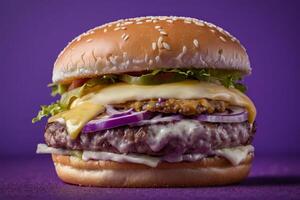ai generato gustoso hamburger con formaggio e viola cipolla foto