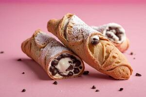 ai generato cioccolato patata fritta cannoli su rosa superficie foto