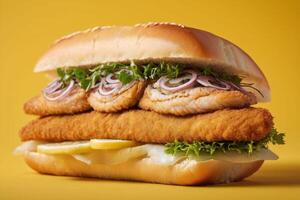 ai generato croccante pesce hamburger con piccante Limone foto