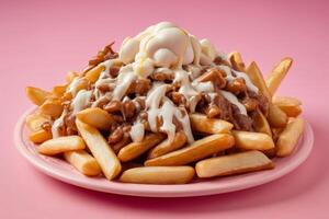 ai generato poutine su rosa piatto foto