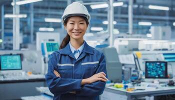 ai generato femmina facilità, asiatico donna ingegnere nel moderno tecnico pianta, sorridente su telecamera foto