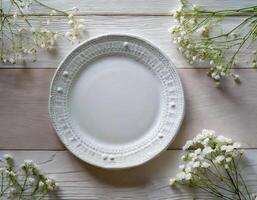 ai generato bianca ceramica piatto modello, vuoto modello di piatto su tavolo foto