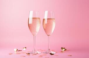 ai generato Due bicchieri di Champagne con cuore sagomato coriandoli su rosa sfondo. foto