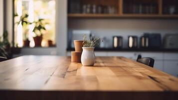 ai generato vuoto di legno tavolo e sedia nel moderno cucina interno, selettivo messa a fuoco. foto