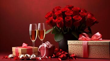 ai generato San Valentino giorno sfondo con rosso Rose, Champagne e regalo scatola. foto