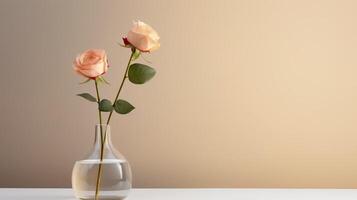 ai generato Rose nel un' vaso su un' bianca tavolo e beige sfondo con pastello colori concetto. foto