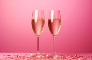 ai generato Due bicchieri di Champagne con scintille su rosa sfondo foto