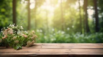 ai generato di legno tavolo con fiori nel il foresta sfondo. foto