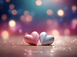 ai generato romantico San Valentino giorno bokeh con a forma di cuore miniatura nel rosa e blu, ideale per a tema amoroso saluti e celebrazioni foto