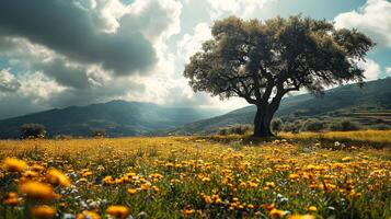 ai generato enorme albero e fiore campo, cielo e nube. natura e paesaggio viaggio. stagione estate. foto