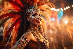 ai generato bellissimo avvicinamento ritratto di giovane donna nel tradizionale samba danza attrezzatura e trucco per il brasiliano carnevale. rio de janeiro Festival nel brasile. foto