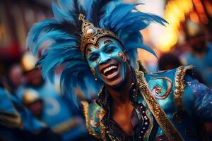 ai generato bellissimo avvicinamento ritratto di giovane uomo nel tradizionale samba danza attrezzatura e trucco per il brasiliano carnevale. rio de janeiro Festival nel brasile. foto