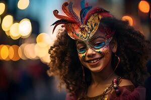ai generato bellissimo avvicinamento ritratto di ragazza nel tradizionale samba danza attrezzatura e trucco per il brasiliano carnevale. rio de janeiro Festival nel brasile. foto