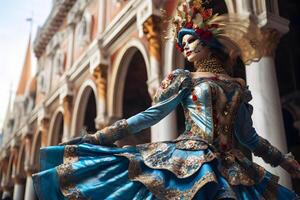 ai generato bellissimo avvicinamento ritratto di giovane donna nel tradizionale veneziano carnevale maschera e costume, danza a il nazionale Venezia Festival nel Italia. foto