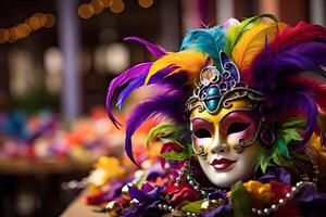 ai generato colorato tradizionale veneziano carnevale maschera con decorazione per nazionale Venezia Festival nel Italia. foto