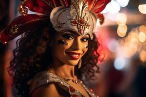 ai generato bellissimo avvicinamento ritratto di giovane donna nel tradizionale samba danza attrezzatura e trucco per il brasiliano carnevale. rio de janeiro Festival nel brasile. foto