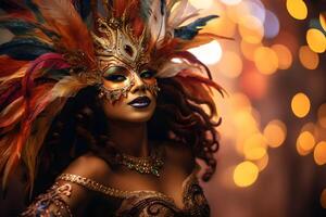ai generato bellissimo avvicinamento ritratto di giovane donna nel tradizionale samba danza attrezzatura e trucco per il brasiliano carnevale. rio de janeiro Festival nel brasile. foto