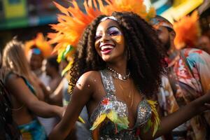 ai generato bellissimo avvicinamento ritratto di giovane donna nel tradizionale samba danza attrezzatura e trucco per il brasiliano carnevale. rio de janeiro Festival nel brasile. foto