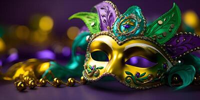 ai generato colorato tradizionale mardi gras carnevale maschera con oro, verde colori decorazione per nazionale Festival celebrazione su viola sfondo con copia spazio. foto