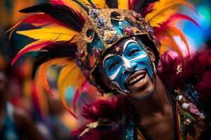 ai generato bellissimo avvicinamento ritratto di giovane uomo nel tradizionale samba danza attrezzatura e trucco per il brasiliano carnevale. rio de janeiro Festival nel brasile. foto