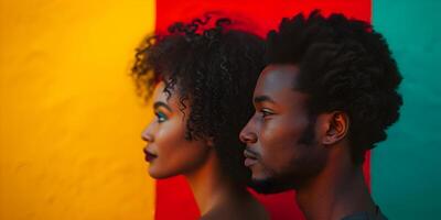 ai generato nero storia mese bandiera con afroamericano coppia ritratto nel profilo al di sopra di rosso giallo verde nero colori sfondo. juneteenth la libertà giorno celebrazione, africano liberazione giorno. foto