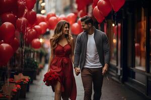 ai generato giovane coppia nel amore passeggiate lungo il strada con rosso cuori palloncini. san valentino giorno, compleanno o un offrire di matrimonio celebrazione. foto