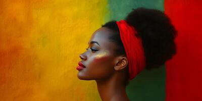 ai generato nero storia mese bandiera con afroamericano donna ritratto nel profilo al di sopra di rosso giallo verde nero colori. juneteenth la libertà giorno celebrazione, africano liberazione giorno concetto. foto
