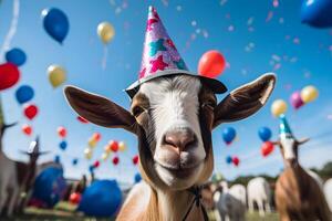 ai generato contento carino capra nel un' festa cappello gode e celebra un' compleanno circondato di caduta coriandoli e palloncini. animale domestico compleanno concetto su luminosa sfondo. foto