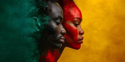 ai generato nero storia mese bandiera con afroamericano creativo coppia ritratto nel profilo al di sopra di rosso giallo verde nero colori. juneteenth la libertà giorno celebrazione, africano liberazione giorno. foto