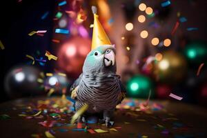 ai generato contento carino pappagallo nel un' festa cappello gode e celebra un' compleanno circondato di caduta coriandoli e palloncini. animale domestico compleanno concetto su luminosa sfondo. foto