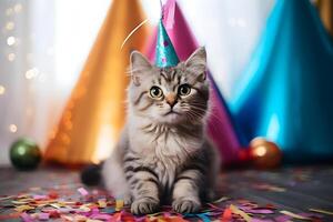 ai generato contento carino bambino gatto, gattino nel un' festa cappello gode e celebra un' compleanno circondato di caduta coriandoli. animale domestico compleanno concetto su luminosa sfondo. foto