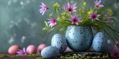 ai generato Pasqua bandiera con colorato uova e primavera zafferano fiori nel un' vaso su blu sfondo. Pasqua vacanza concetto con tradizionale elegante primavera decorazione e copia spazio. foto