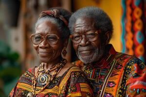 ai generato nero storia mese bandiera con afroamericano anziano coppia ritratto nel nazionale Abiti al di sopra di rosso giallo verde sfondo. juneteenth la libertà giorno celebrazione, africano liberazione giorno. foto