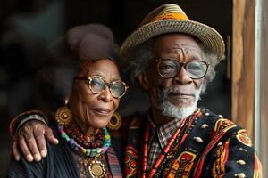 ai generato nero storia mese bandiera con afroamericano elegante anziano coppia ritratto su buio sfondo. juneteenth la libertà giorno celebrazione, africano liberazione giorno concetto. foto
