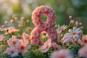 ai generato contento 8 ° marzo, internazionale Da donna giorno floreale bandiera sfondo con giardino primavera fiori decorazione. foto