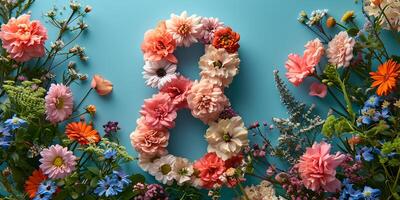 ai generato contento 8 ° marzo, internazionale Da donna giorno floreale piatto posare bandiera su blu sfondo con primavera fiori decorazione. foto