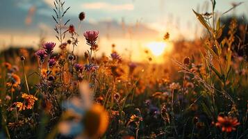 ai generato fiori prati campo verde pianta tramonto. natura e paesaggio viaggio. stagione estate. stile Vintage ▾. foto