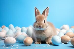 ai generato contento Pasqua carino coniglietto seduta con Pasqua uova su pastello blu sfondo foto