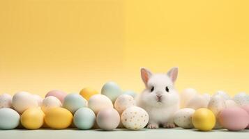 ai generato contento Pasqua carino coniglietto seduta con colorato Pasqua uova punto modello pastello giallo sfondo foto