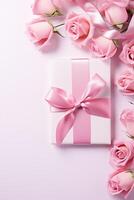 ai generato contento San Valentino giorno pastello bianca regalo scatola con rosa Rose e rosa nastro foto