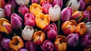 ai generato avvicinamento colorato tulipano fiore campo superiore Visualizza, primavera stagione contento Pasqua foto