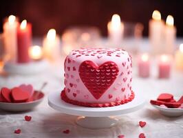 ai generato san valentino dolci, avvicinamento sparo, nozze torta su tavolo decorato con san valentino ornamento, rosa, morbido rosso, forno, adorabile particolari, pulito leggero sfondo, decorato per san valentino foto