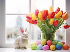 ai generato contento Pasqua. mazzo di tulipano nel il chiaro bicchiere vaso con colorato Pasqua uova e scolpito coniglio vicino finestra foto