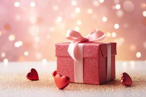 ai generato rosso regalo scatola con cuore con rosa luccicante nastro, con bianca luccicante nastro, molti regalo scatola tutti di centro di Immagine, chiaro illuminazione, morbido rosa e morbido oro bokeh sfondo foto