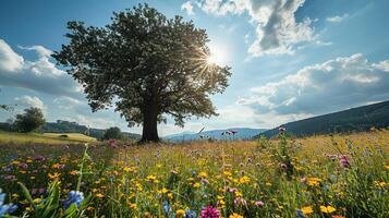 ai generato enorme albero e fiore campo, cielo e nube. natura e paesaggio viaggio. stagione estate. foto