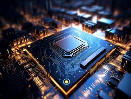 ai generato avvicinamento di un Avanzate gpu montone microchip o processore di un' potente computer tavola per artificiale intelligenza tecnologia foto