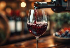 ai generato rosso vino essere versato in un' bicchiere con uva nel il sfondo. foto