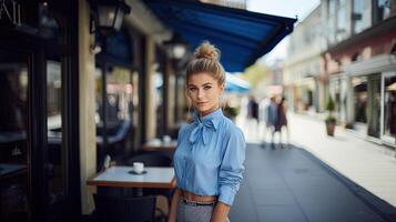 ai generato simpatico hostess ragazza in piedi vicino Ingresso per piccolo europeo stile bar. ricezione di ospiti nel ristorante. bella giovane femmina cameriere. ai generato foto